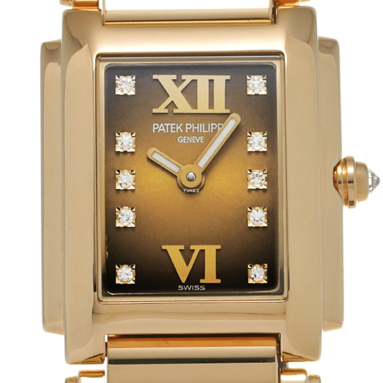 Patek Philippe,Twenty~4 26.30x22mm,26.30x22mm,Yellow Gold,Brown,Gradient,Quartz,In-house Caliber,Sapphire,Crystal Glass,4907,4907/1J-010