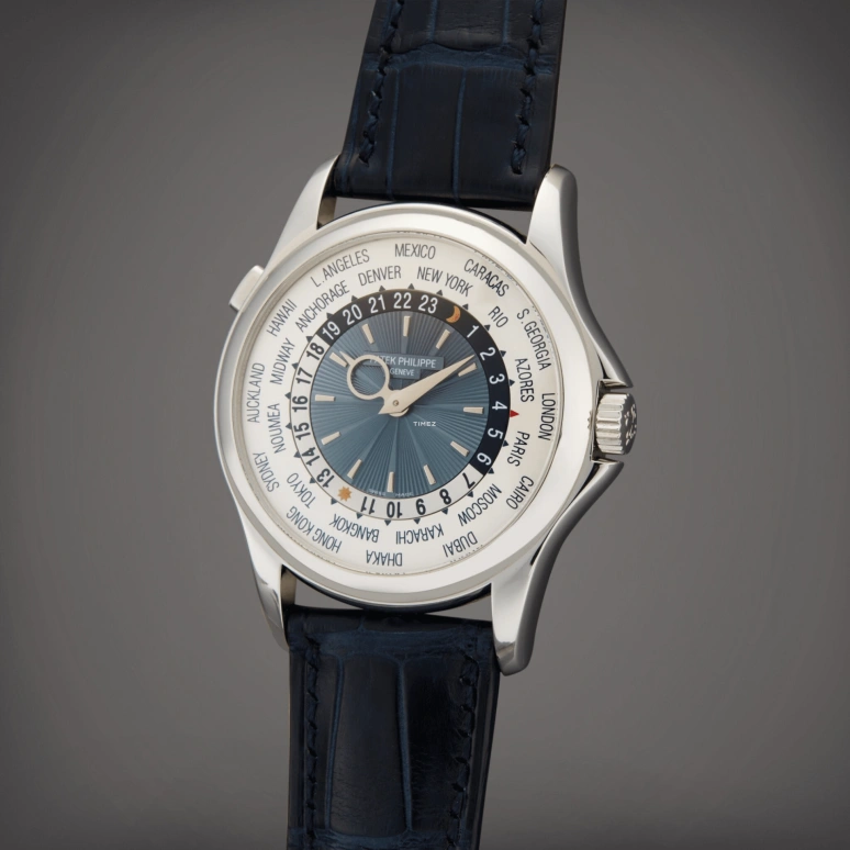 Patek Philippe,Complications 39.50mm,39.50mm,Platinum,Blue,Silver White,Automatic,World Time,Day / Night Indication,5130P,5130P-001