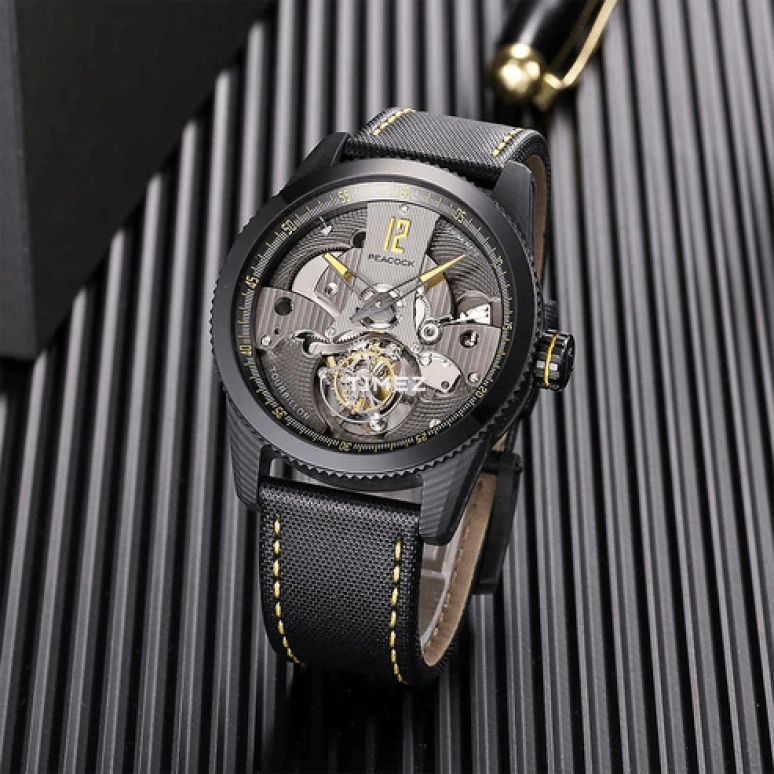 Peacock,Treasured 43.50mm,43.50mm,Stainless Steel,Carbon,Black,Handwound,Tourbillon,42hours,P501,P501-4