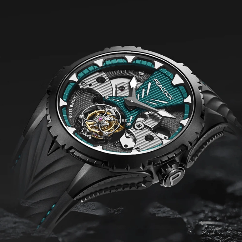 Peacock,Extraordinary 45.50mm,45.50mm,Stainless Steel,Green,Black,Handwound,Tourbillon,45hours,PAG0102,PAG0102.02