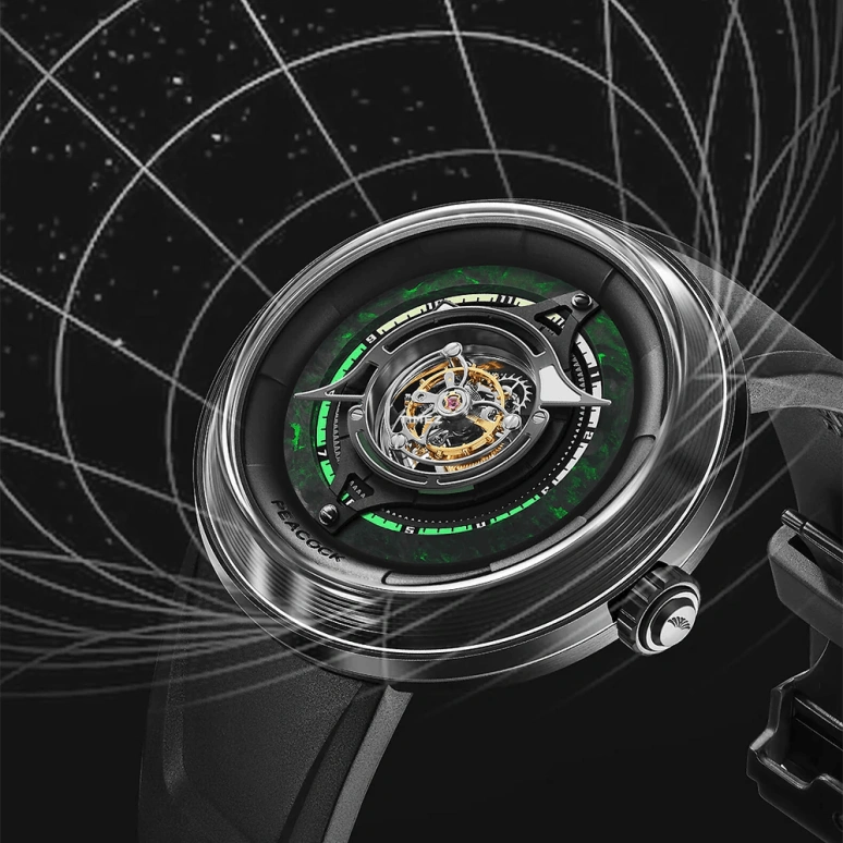 Peacock,Black Hole 46mm,46mm,Stainless Steel,Black,Green,Handwound,Tourbillon,120hours,PBG0101,PBG0101.01