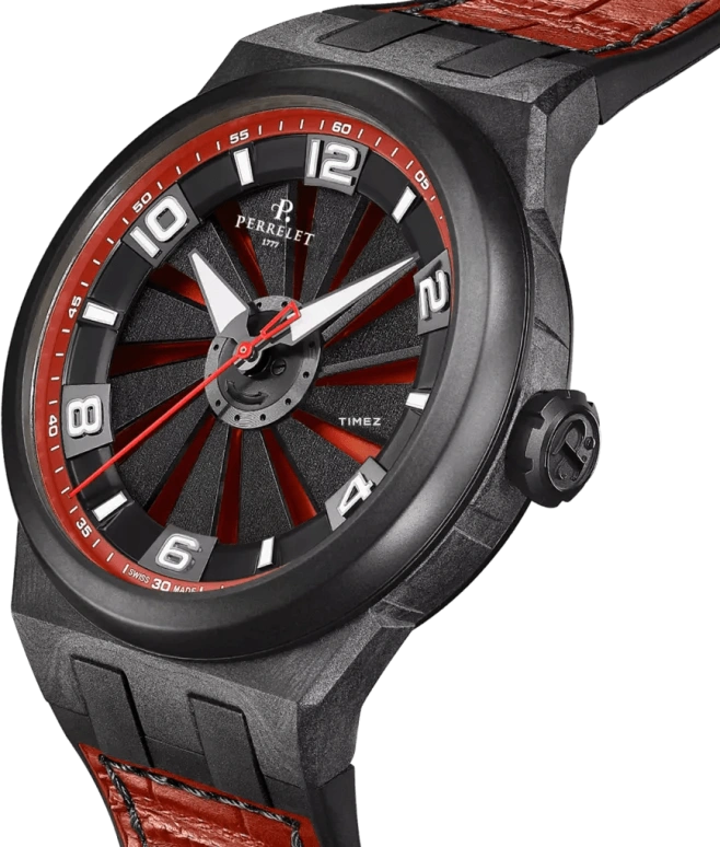 Perrelet,Turbine 45.50mm,45.50mm,Carbon,Polycarbonate,Stainless Steel,Black,Red,Automatic,42hours,In-house Caliber,A4065,A4065/6