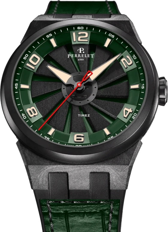 Perrelet,Turbine 45.50mm,45.50mm,Carbon,Polycarbonate,Stainless Steel,Black,Green,Automatic,42hours,In-house Caliber,A4065,A4065/4