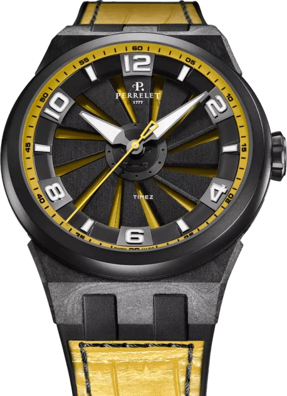 Perrelet,Turbine 45.50mm,45.50mm,Carbon,Polycarbonate,Stainless Steel,Yellow,Black,Automatic,42hours,In-house Caliber,A4065,A4065/7
