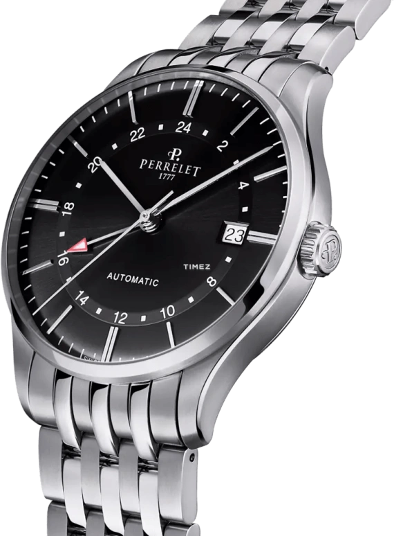 Perrelet,Weekend 39mm,39mm,Stainless Steel,Black,Automatic,Day,Dule Time,GMT,A1304,A1304/6