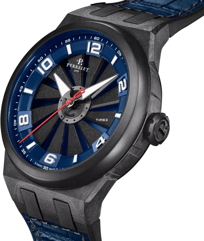 Perrelet,Turbine 45.50mm,45.50mm,Stainless Steel,Carbon,Polycarbonate,Black,Blue,Automatic,42hours,In-house Caliber,A4065,A4065/2