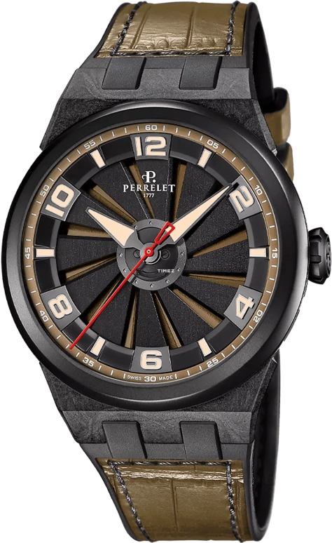 Perrelet,Turbine 45.50mm,45.50mm,Carbon,Polycarbonate,Stainless Steel,khaki,Black,Automatic,42hours,In-house Caliber,A4065,A4065/8