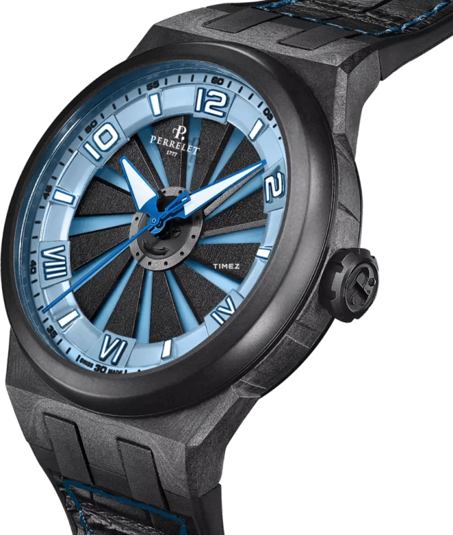 Perrelet,Turbine 45.50mm,45.50mm,Carbon,Polycarbonate,Stainless Steel,Ice Blue,Black,Automatic,42hours,In-house Caliber,A4065,A4065/5