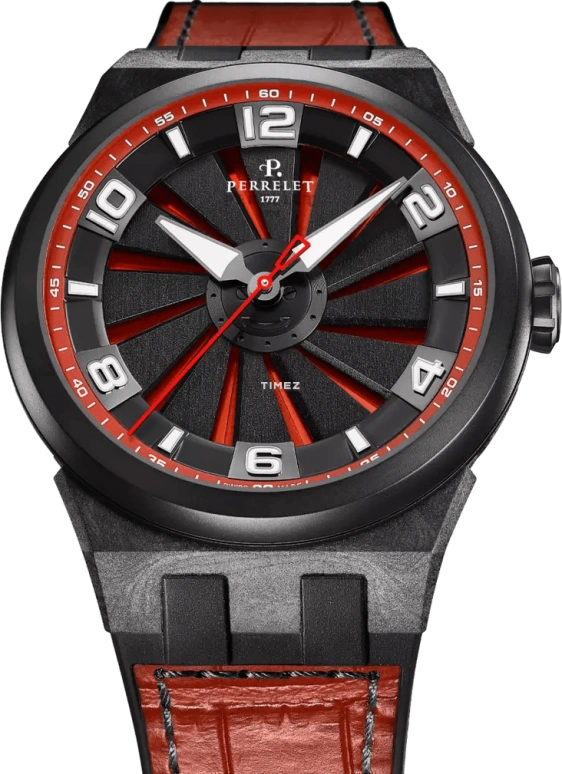 Perrelet,Turbine 45.50mm,45.50mm,Carbon,Polycarbonate,Stainless Steel,Black,Red,Automatic,42hours,In-house Caliber,A4065,A4065/6
