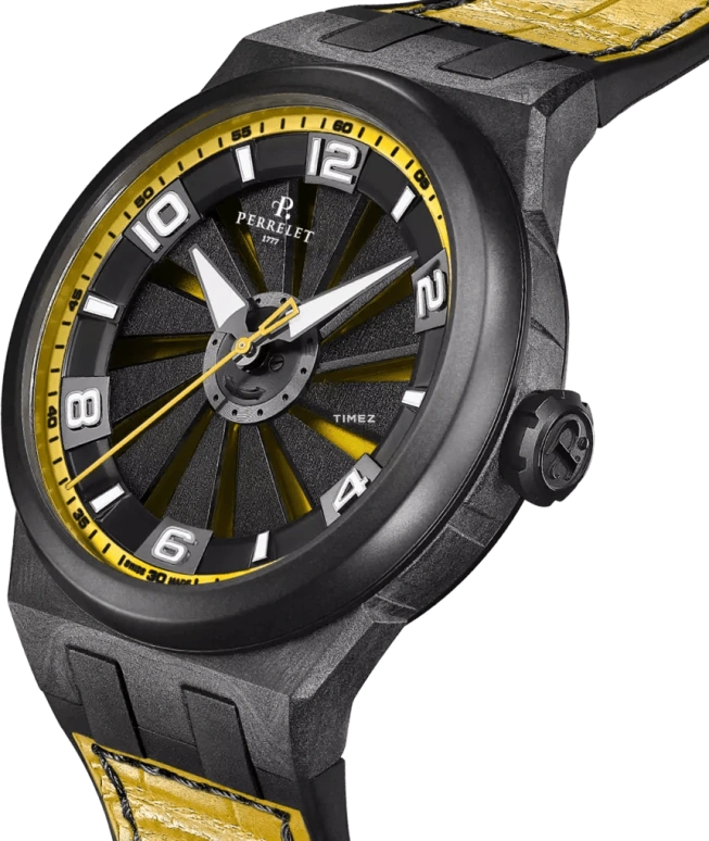 Perrelet,Turbine 45.50mm,45.50mm,Carbon,Polycarbonate,Stainless Steel,Yellow,Black,Automatic,42hours,In-house Caliber,A4065,A4065/7