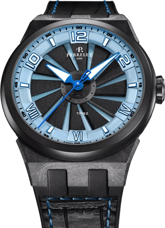 Perrelet,Turbine 45.50mm,45.50mm,Carbon,Polycarbonate,Stainless Steel,Ice Blue,Black,Automatic,42hours,In-house Caliber,A4065,A4065/5