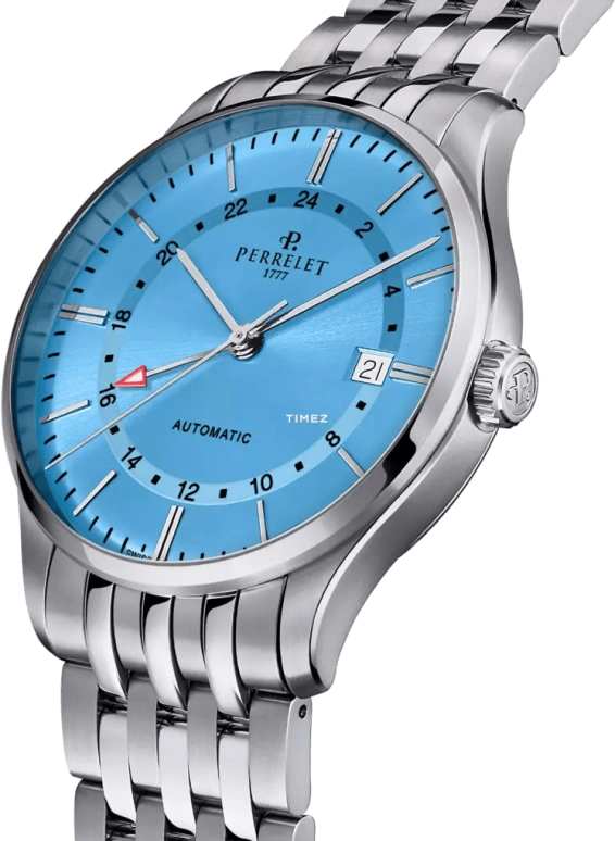 Perrelet,Weekend 39mm,39mm,Stainless Steel,Ice Blue,Automatic,Day,Dule Time,GMT,A1304,A1304/9