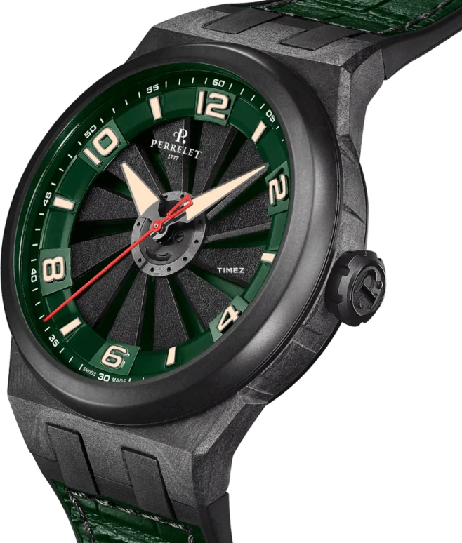 Perrelet,Turbine 45.50mm,45.50mm,Carbon,Polycarbonate,Stainless Steel,Black,Green,Automatic,42hours,In-house Caliber,A4065,A4065/4