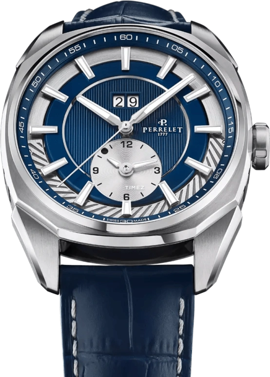 Perrelet,Lab Peripheral 42mm,42mm,Stainless Steel,Blue,Automatic,Dule Time,GMT,Big Date,Day / Night Indication,42hours,In-house Caliber,A1101,A1101/4