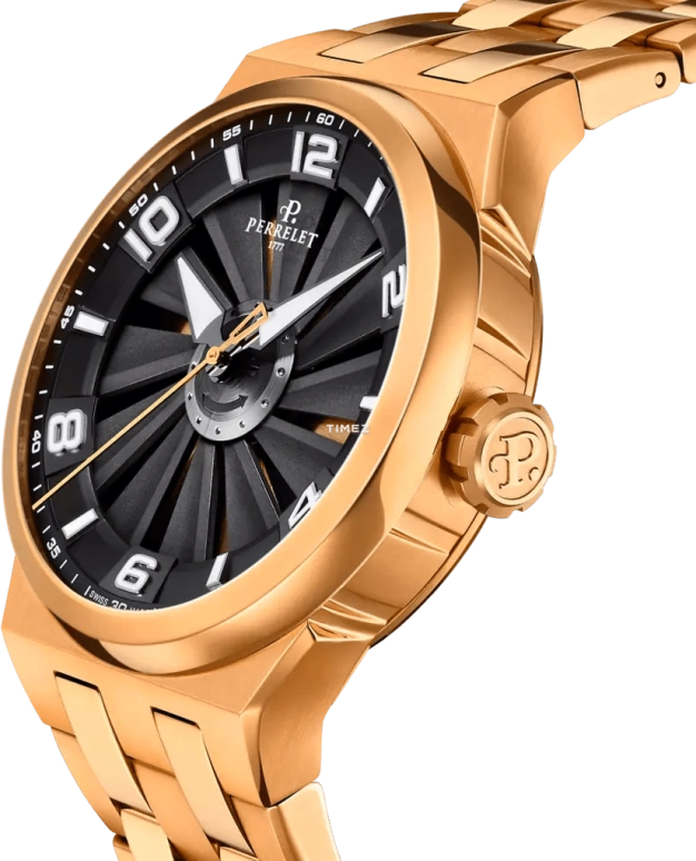 Perrelet,Turbine 44.50mm,44.50mm,Stainless Steel,Black,Rose Gold,Automatic,42hours,In-house Caliber,A4064,A4064/1