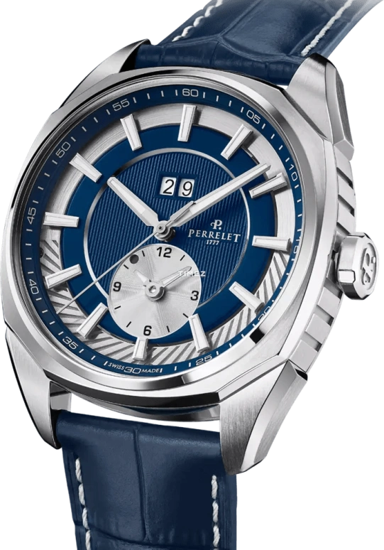 Perrelet,Lab Peripheral 42mm,42mm,Stainless Steel,Blue,Automatic,Dule Time,GMT,Big Date,Day / Night Indication,42hours,In-house Caliber,A1101,A1101/4