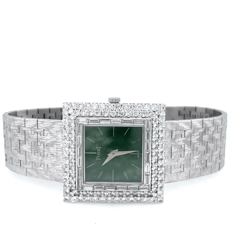Piaget,Other 27mm,27mm,White Gold,Green,Handwound,Sapphire,Crystal Glass,Square,9209A67