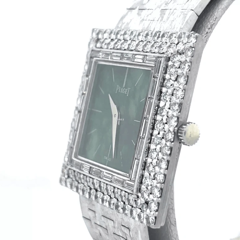 Piaget,Other 27mm,27mm,White Gold,Green,Handwound,Sapphire,Crystal Glass,Square,9209A67
