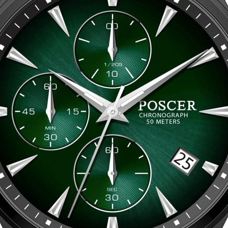 POSCER,Ptime 42mm,42mm,Stainless Steel,Green,Quartz,Chronograph,Day,P,P.50110M.BBL01