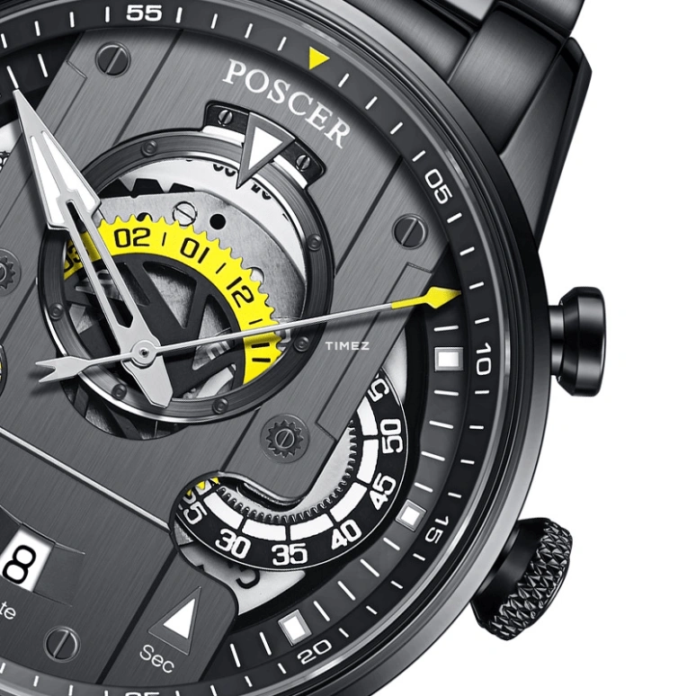 POSCER,Coorong 42mm,42mm,Stainless Steel,Skeleton,Grey,Quartz,Chronograph,Day,P,P.8306M.BBB