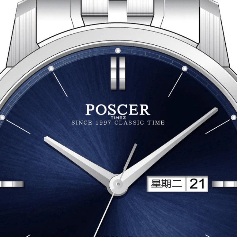 POSCER,Bereente 41.50mm,41.50mm,Stainless Steel,Blue,Automatic,Date,Day,P,P.6167M.WWU