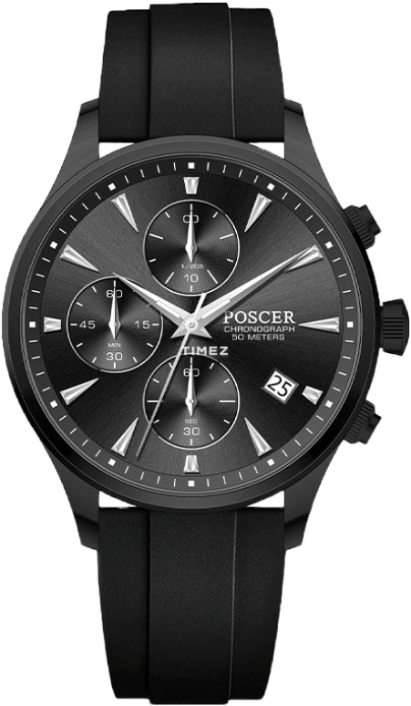 POSCER,Ptime 42mm,42mm,Stainless Steel,Black,Quartz,Chronograph,Day,P,P.50110M.BBB01