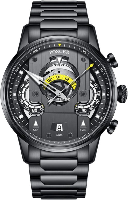 POSCER,Coorong 42mm,42mm,Stainless Steel,Skeleton,Grey,Quartz,Chronograph,Day,P,P.8306M.BBB