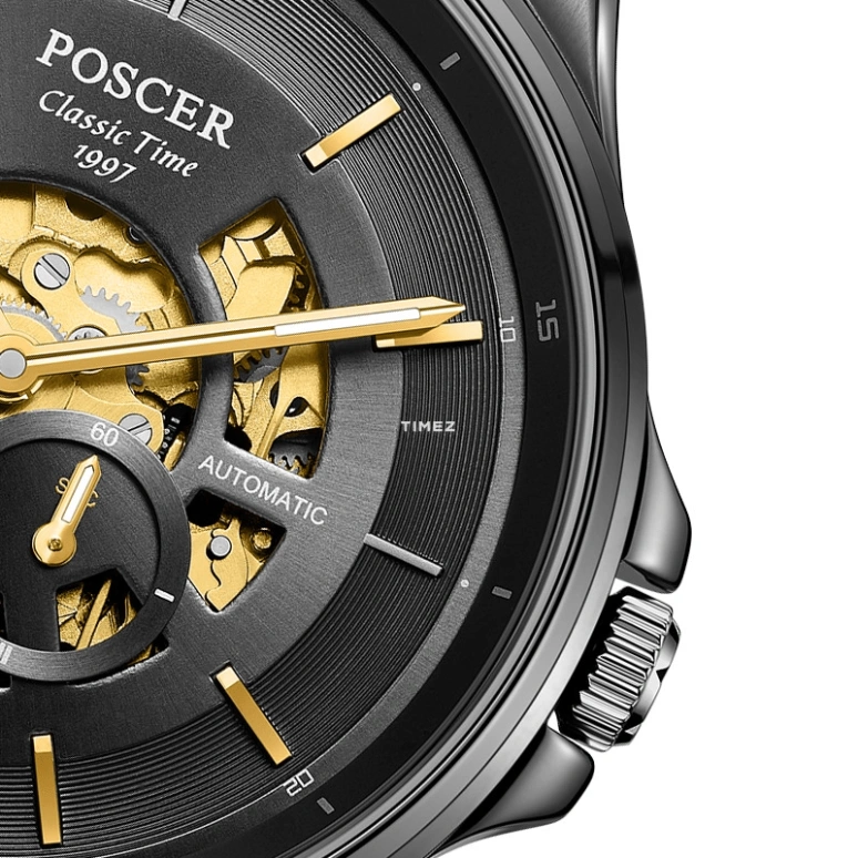 POSCER,Classic of the times 42mm,42mm,Stainless Steel,Black,Skeleton,Automatic,Sapphire,Glass,Round,P,P.6172M.BBB