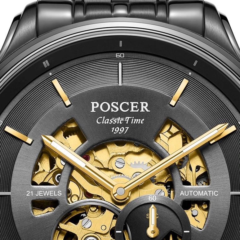 POSCER,Classic of the times 42mm,42mm,Stainless Steel,Black,Skeleton,Automatic,Sapphire,Glass,Round,P,P.6172M.BBB