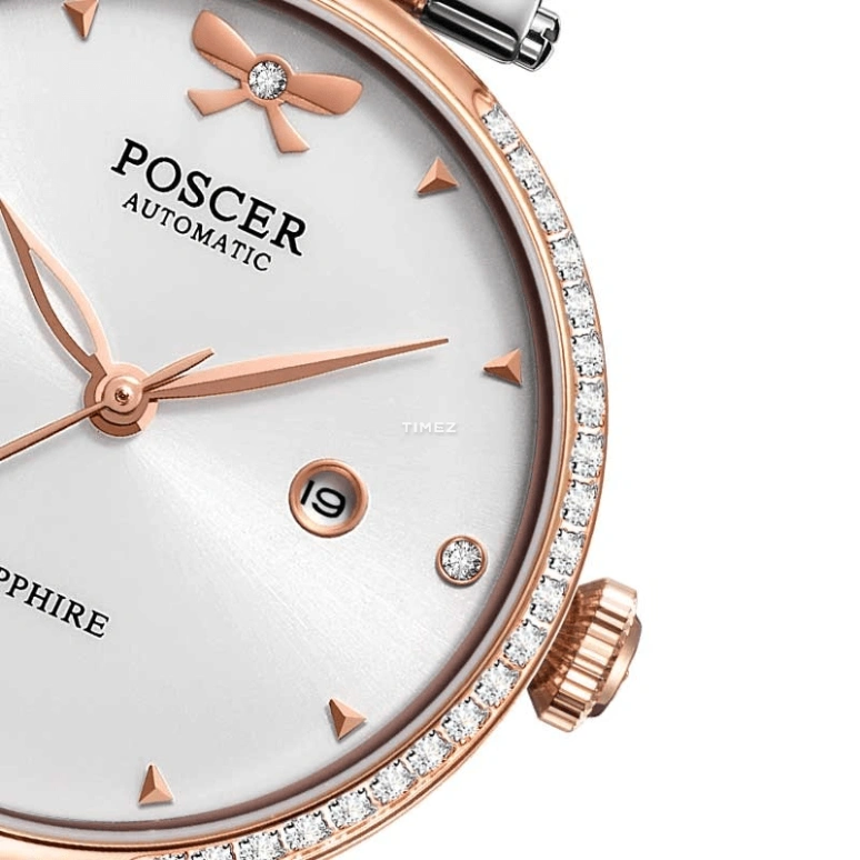 POSCER,Lover's Knot 30.50mm,30.50mm,Stainless Steel,Silver,Automatic,Day,Sapphire,Glass,P,P.6201L.RRWD