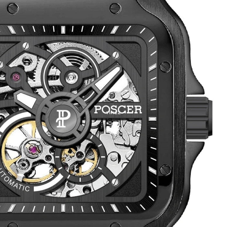 POSCER,Ptime 40x40mm,40x40mm,Stainless Steel,Skeleton,Black,Automatic,Sapphire,Glass,Square,P,P.51036M.BBB