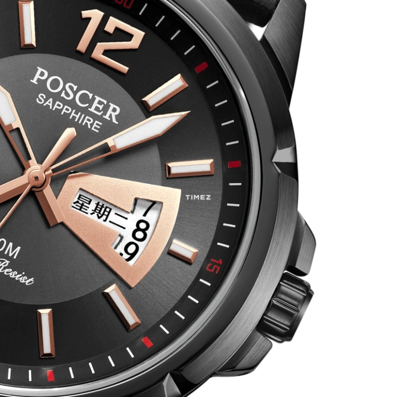 POSCER,Coorong 42mm,42mm,Stainless Steel,Grey,Quartz,Date,Day,P,P.1001M.BBB