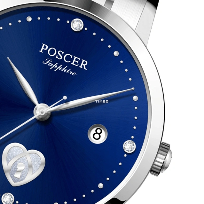 POSCER,Simple love 28.50mm,28.50mm,Stainless Steel,Blue,Quartz,Day,Sapphire,Glass,P,P.8292L.WWU