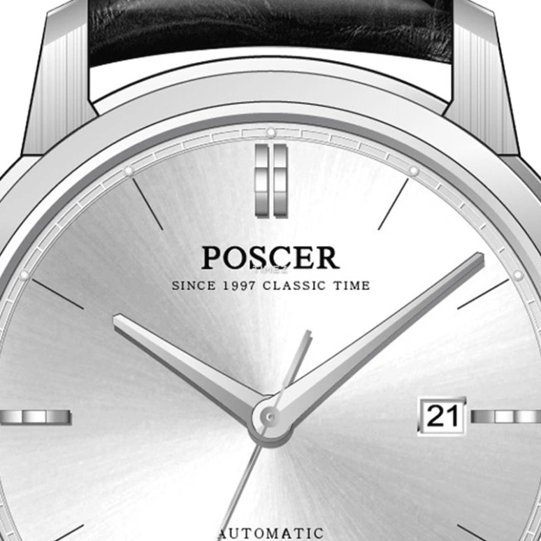POSCER,Bereente 32mm,32mm,Stainless Steel,Silver,Automatic,Day,Sapphire,Glass,6167L,6167L.WBW