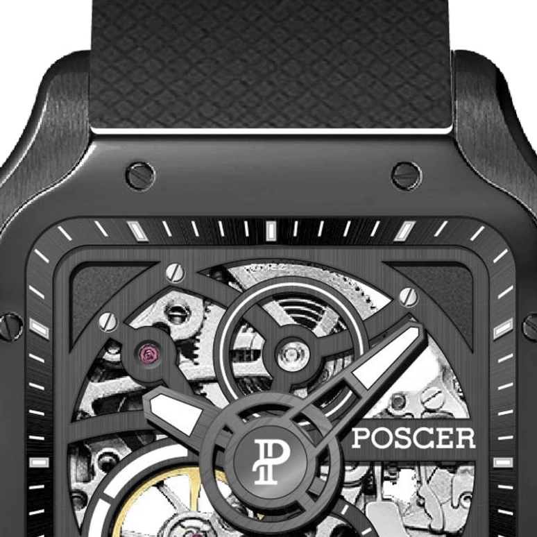 POSCER,Ptime 40x40mm,40x40mm,Stainless Steel,Skeleton,Black,Automatic,Sapphire,Glass,Square,P,P.51036M.BBB