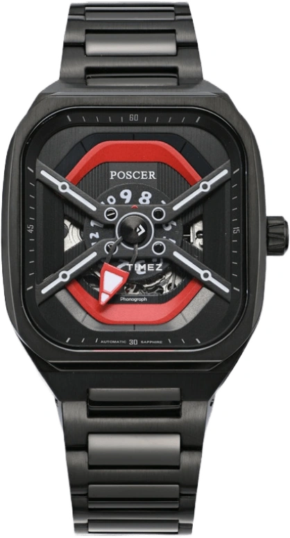 POSCER,Ptime 39x42mm,39x42mm,Stainless Steel,Black,Red,Skeleton,Automatic,Sapphire,Glass,Other,P,P.6227M.BBE