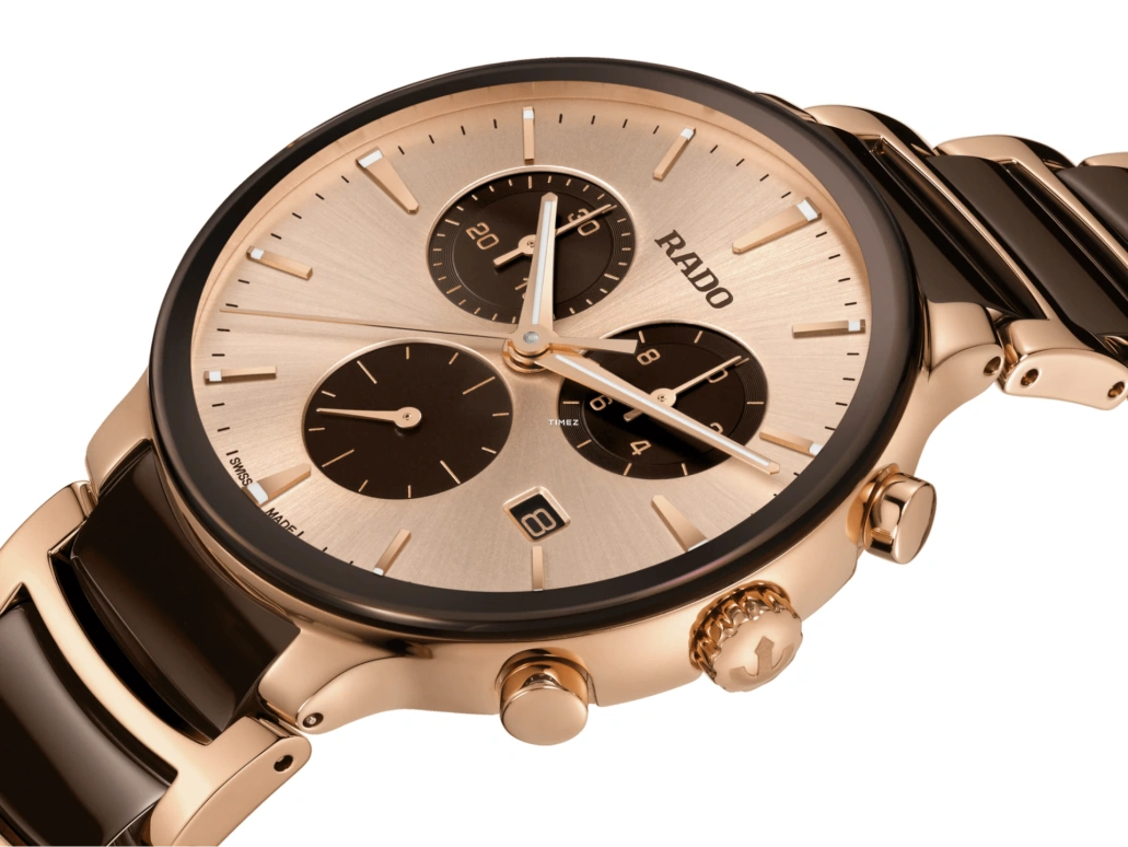 Rado,Centrix 41mm,41mm,Stainless Steel,Ceramic,Champagne,Brown,Quartz,Chronograph,Day,Anti-magnetic,R30212402
