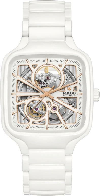 Rado,True Square 38x44.20mm,38x44.20mm,Ceramic,White,Skeleton,Automatic,In-house Caliber,Sapphire,Crystal Glass,R27073012