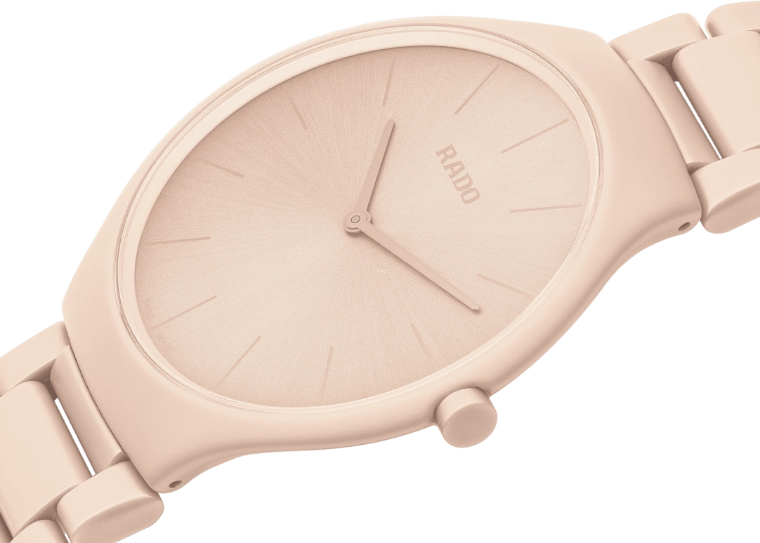 Rado,True Thinline 39mm,39mm,Ceramic,Beige,Quartz,In-house Caliber,Sapphire,Crystal Glass,R27097672