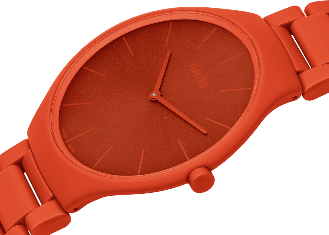 Rado,True Thinline 39mm,39mm,Ceramic,Orange Red,Quartz,In-house Caliber,Sapphire,Crystal Glass,R27095652