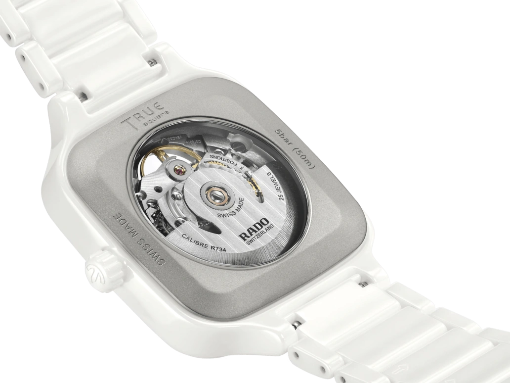 Rado,True Square 38mm,38mm,Ceramic,White,Automatic,In-house Caliber,Sapphire,Crystal Glass,R27073712