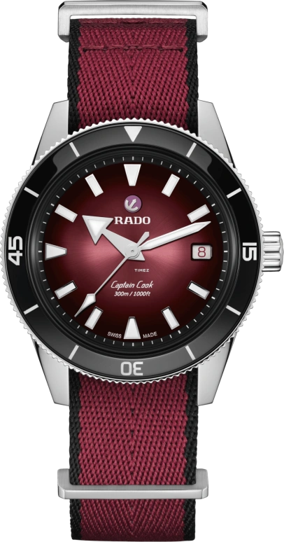 Rado,Captain Cook 39mm,39mm,Stainless Steel,Ceramic,Black,Gradient,Burgundy,Automatic,Day,Anti-magnetic,R32223408