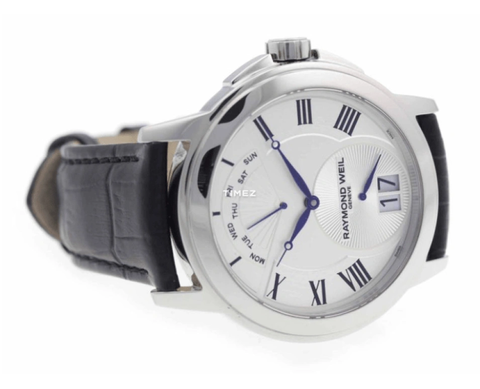Raymond Weil,Men’s 42mm,42mm,Stainless Steel,Silver,Quartz,Day,Sapphire,Crystal Glass,9577,9577-STC-00650