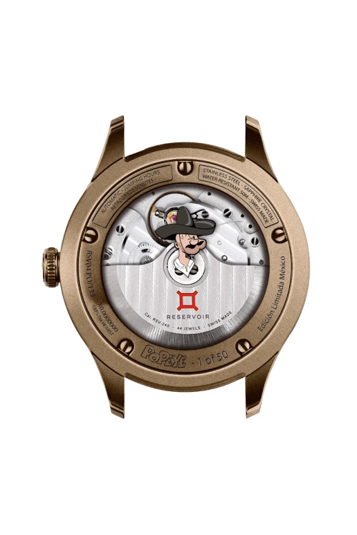 Reservoir,Popeye 41.50mm,41.50mm,Stainless Steel,Multi-Color,Brown,Yellow,Automatic,Power Reserve Indicator,Jumping Hours,Retrograde,RSV04,RSV04.PO/133.ME