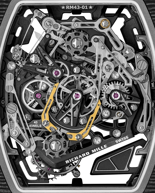 Richard Mille,Tourbillon 42.90mm,42.90mm,Carbon TPT,Skeleton,Grey,Handwound,Chronograph,Power Reserve Indicator,Tourbillon,Rattrapante,70hours,In-house Caliber,RM 43,RM 43-01 FERRARI NTPT