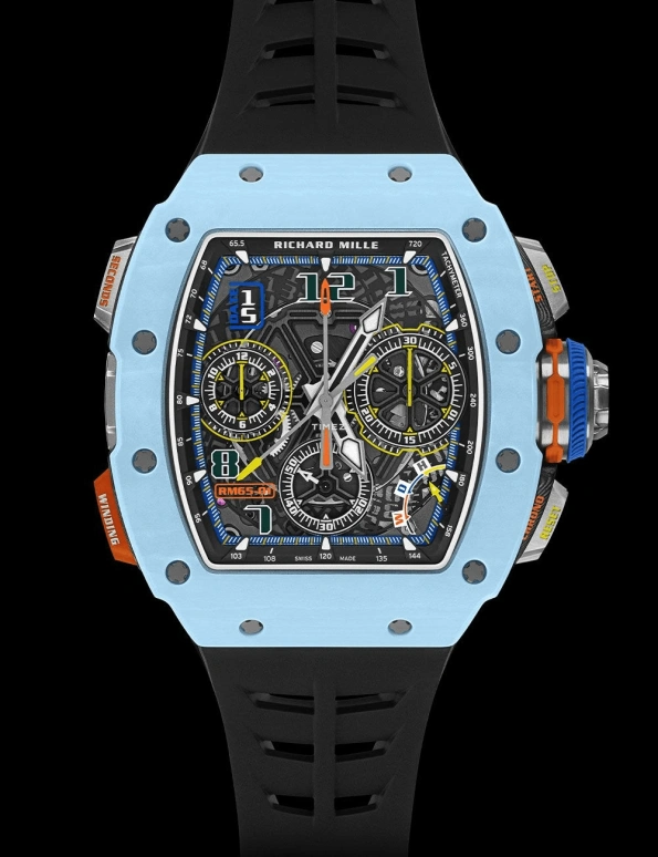 Richard Mille,Not Tourbillon 44.50x49.94mm,44.50x49.94mm,Quartz TPT,Skeleton,Automatic,Chronograph,Day,Flyback,Rattrapante,In-house Caliber,Sapphire,Crystal Glass,RM 65,RM 65-01 PASTEL BLUE