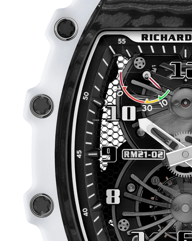 Richard Mille,Tourbillon 42.68x50.12mm,42.68x50.12mm,Titanium,Quartz TPT,Carbon TPT,Skeleton,Handwound,Power Reserve Indicator,Tourbillon,Function Selector,RM 21,RM 21-02 Tourbillon Aerodyne WHITE