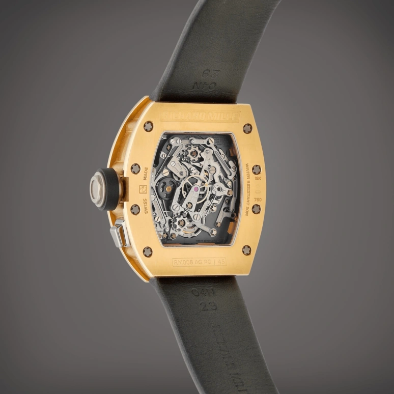 Richard Mille,Tourbillon 48x39.70mm,48x39.70mm,Rose Gold,Skeleton,Handwound,Chronograph,Power Reserve Indicator,Tourbillon,Rattrapante,Sapphire,Tonneau,RM 008,RM 008-V1 Split-Seconds Chronograph RG