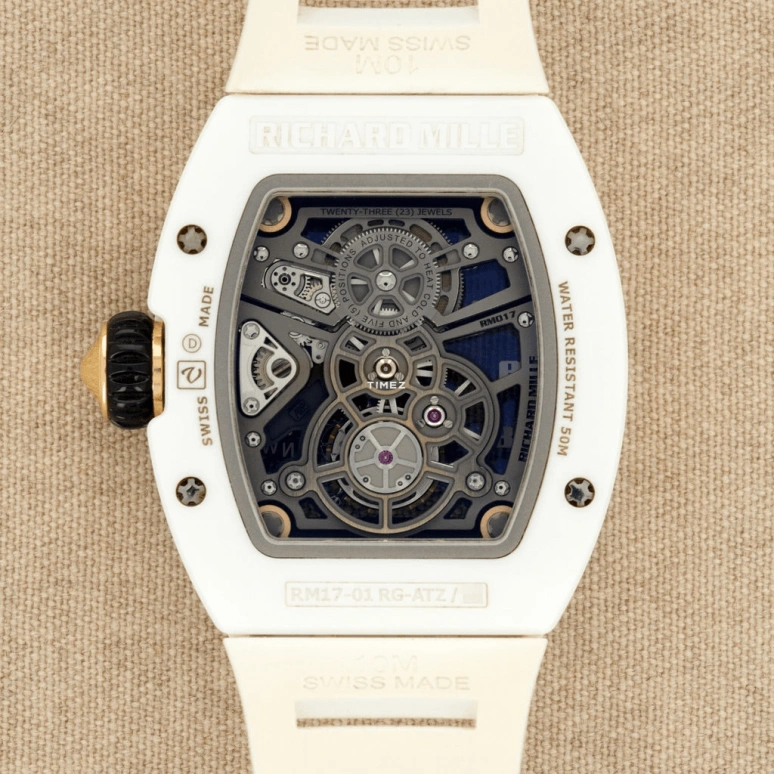 Richard Mille,Tourbillon 40.10x48.15mm,40.10x48.15mm,Ceramic,Rose Gold,Silver,Handwound,Power Reserve Indicator,Tourbillon,Function Selector,RM 17,RM 17-01 CE/RG WHITE