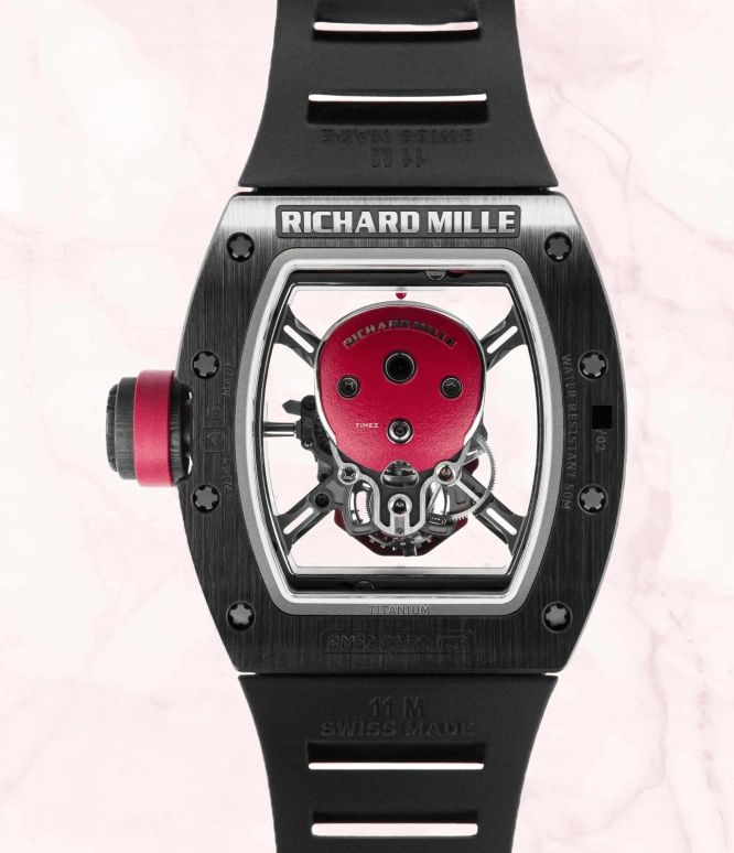 Richard Mille,Tourbillon 42.70x50mm,42.70x50mm,Titanium,Red,Handwound,Tourbillon,Tonneau,RM 52,RM 52-01 Red Skull